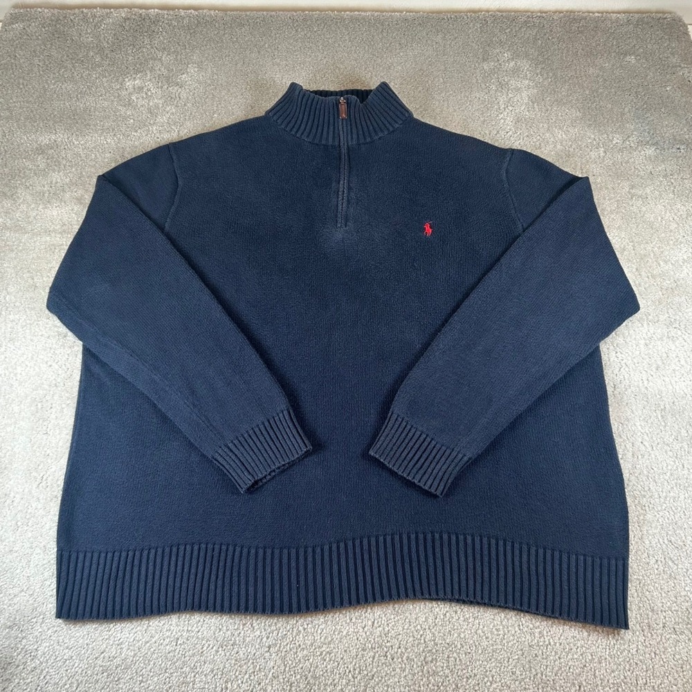 Polo Ralph Lauren Navy Blue 1/4 Zip Sweater Knit Logo Red Pony Men's XXL Tall